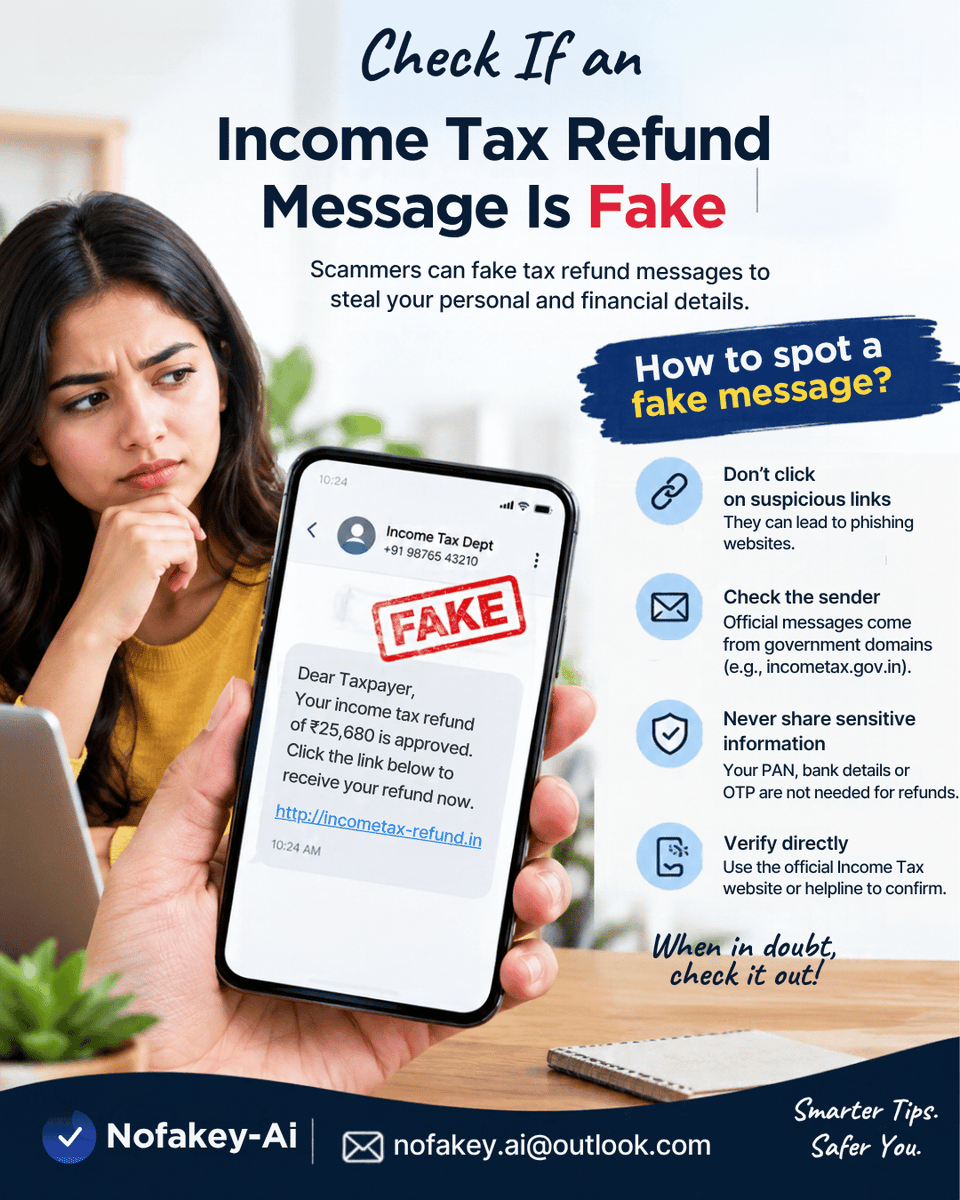 nofakey_ai's tweet photo. Got an Income Tax Refund message? Stop and verify before clicking. Scammers may use fake refund alerts to steal your personal or financial information.
Stay alert. Verify first.

#NoFakeYAI #ScamAlert #IncomeTaxScam #OnlineSafety #CyberSecurity #ScamAwareness https://t.co/7gKouxxDr4