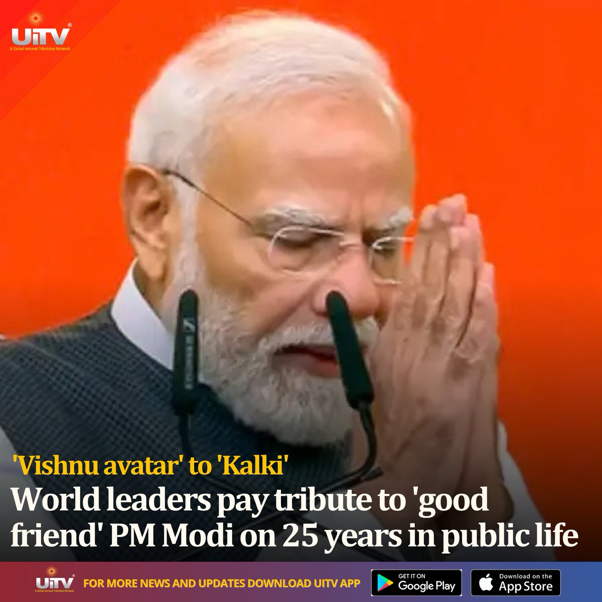 UiTV_Connect's tweet photo. Prime Minister Narendra Modi’s completion of 25 years as a head of government has drawn congratulatory messages from leaders across the world. 

#PMModi #NarendraModi #WorldLeaders #India #Politics https://t.co/HXJe6WBuKz