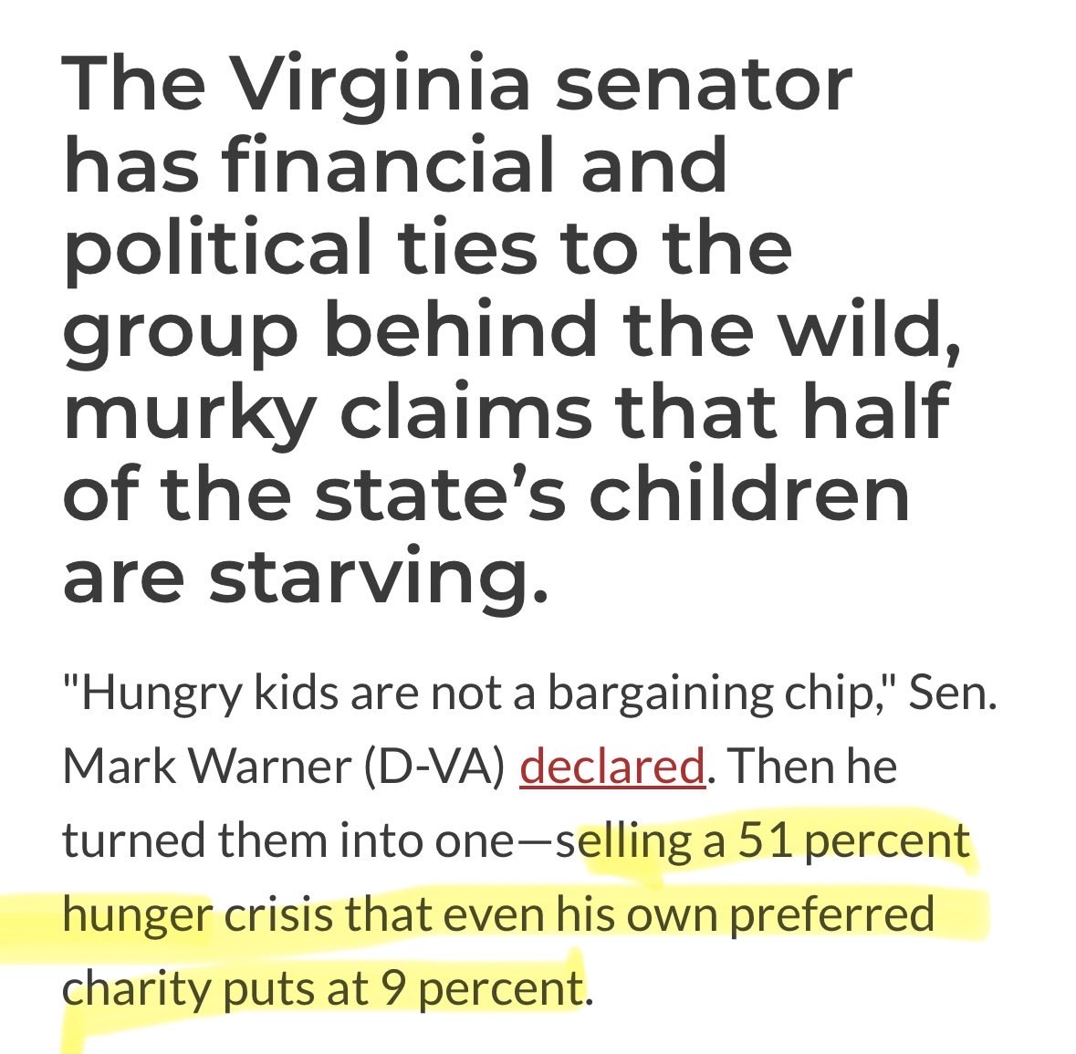 VA_GOP's tweet photo. 🚨EXPOSED: Mark Warner’s disgusting lies continue as he makes up claims about “hungry children.” 

Warner claimed that “over half” of Virginia families with kids are “food insecure.” But the nonprofit Warner cites itself says that just 9% of Virginia families with kids are food insecure. 

That nonprofit took in $87 million in 2024 but spent just $14 million feeding kids — $33 million went to salaries, including $700,000 for the executive chair. 

Warner and his socialist allies are furious that Republicans stopped illegal aliens and fraudsters from stealing from SNAP. They are disgustingly using Virginia families as a political prop to win votes.

Mark Warner is a liar and a disgrace. Vote him out!