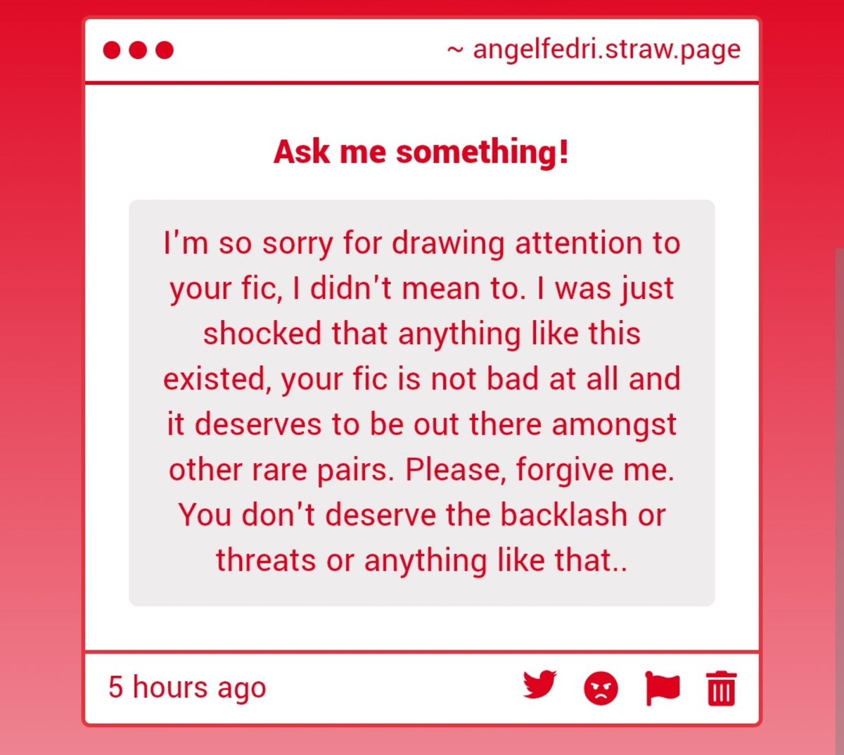 angelfedri's tweet photo. answering this soooo late sorry i never check my strawpage lmao, but it's okay!! i genuinely laughed about it a lot lmao, i just felt a little overwhelmed because of how much attention it was getting hence why i tried to take it as a joke haha, but its fine don't feel bad <3 https://t.co/G7CtbUKVZx
