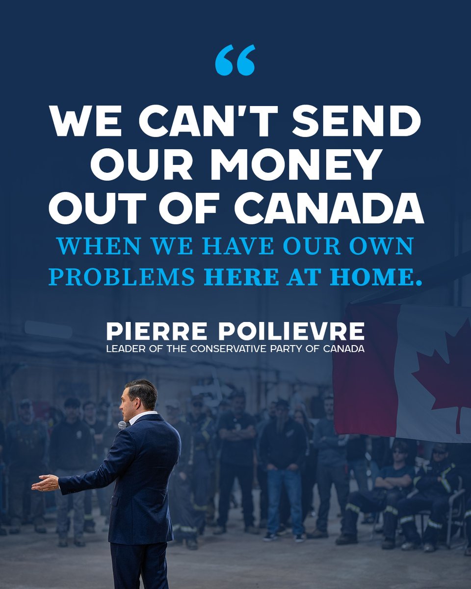 PierrePoilievre's tweet photo. Mark Carney is sending Canadian tax dollars overseas while food bank use is at record highs and homeownership is nearly impossible for young Canadians.

No more. Sign to save you money and put Canada First: https://t.co/ycYUaiowfw https://t.co/lthIltvVoz