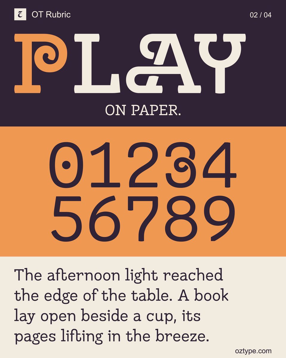 Oztypecom's tweet photo. Introducing OT Rubric v1.
A contemporary text serif with five upright weights, a variable font and 18 stylistic sets.
Built for reading, with a little room for the unexpected.
A page with character.
https://t.co/mhmWaX14EF https://t.co/xviijfnjPh