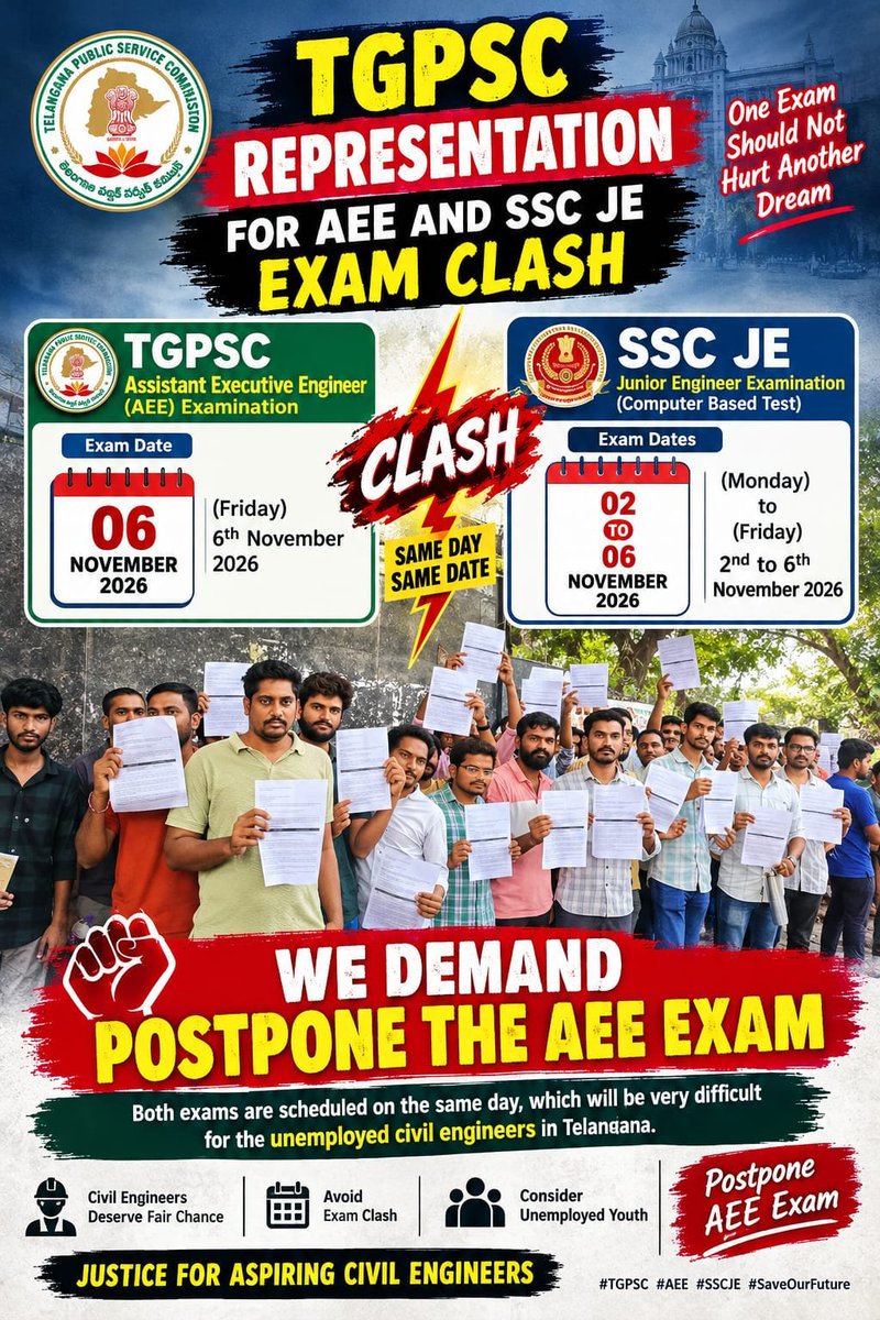 SwamyGo88502797's tweet photo. @VenkatBalmoor @LVReddy73 @RamMohanINC @revanth_anumula 🚨 One exam clash can cost a student a career opportunity.** TGPSC, please **postpone R&amp;B AEE exam* scheduled on November 6 due to the SSC JE Civil clash. **Respect students’ years of hard work. Give us a fair chance* 🙏
@TelanganaCMO @Bhatti_Mallu  @AspirantsTspsc @TelanganaDGP https://t.co/qPK7SJ0WN0