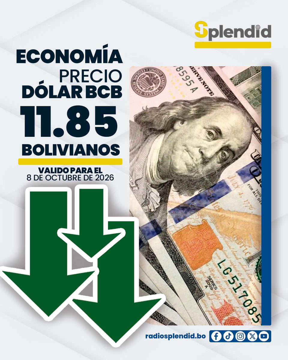 RadioSplendid's tweet photo. 💵💵El Banco Central de Bolivia (BCB) difundió la cotización oficial del dólar para este jueves 8 de octubre. La moneda extranjera se cotiza en Bs 11,85.
#RadioSplendid #RedSplendid
#BCB #Bolivia #Economía #Dólar https://t.co/BCYFE7Qrne