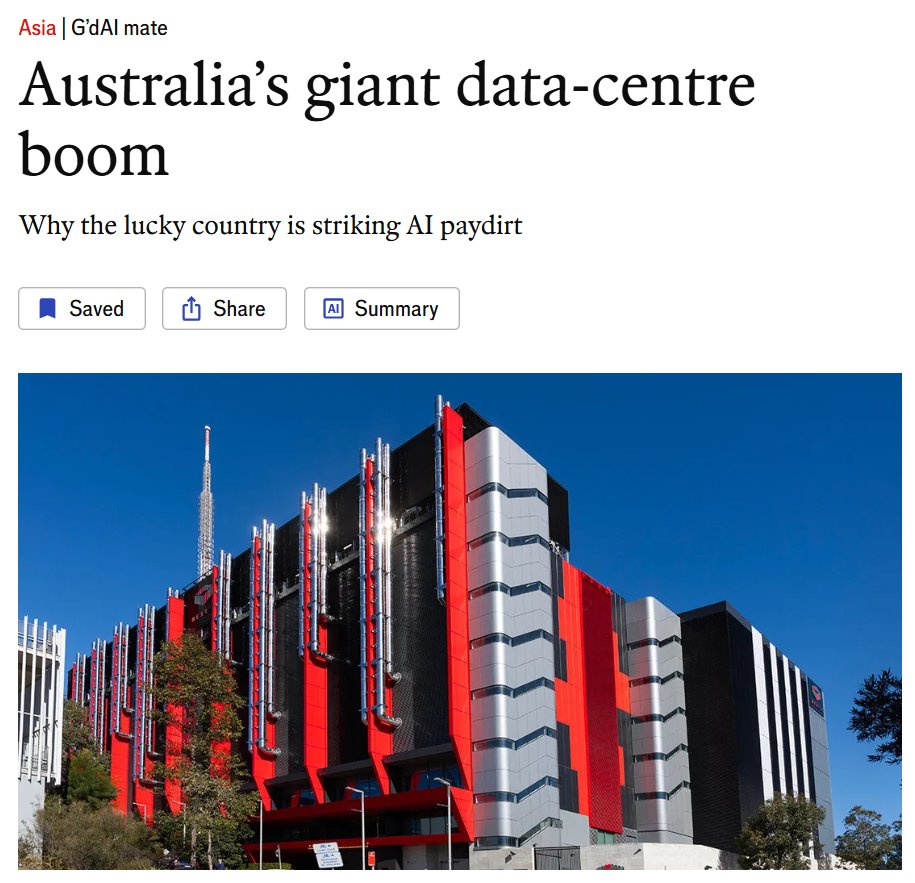 curious_amrit's tweet photo. Australia's AI Data Centre boom is about much more than cheap power

Australia is positioning itself as one of the next major AI compute hubs. 

Around $ 155-156bn of data centre investment is in pipeline, putting Australia behind only the US and China on the scale of planned investment. 

At first glance, the story  looks simple: 

Cheap power + Lots of land + Strong connectivity

But the real story is much more interesting  
@TheEconomist