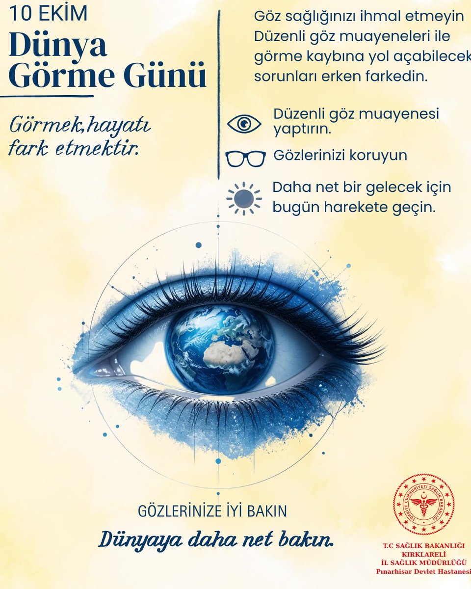 PinarhisarDhs's tweet photo. 👁️ Dünya Görme Günü

Görmek, hayatı fark etmektir.
Göz sağlığımızı korumak ve görme kaybına yol açabilecek sorunları erken fark etmek için düzenli göz muayenelerini ihmal etmeyelim.

Gözlerinize iyi bakın, dünyaya daha net bakın. 💙

#DünyaGörmeGünü #GözSağlığı #GörmeSağlığı https://t.co/MMNxkyZOKy