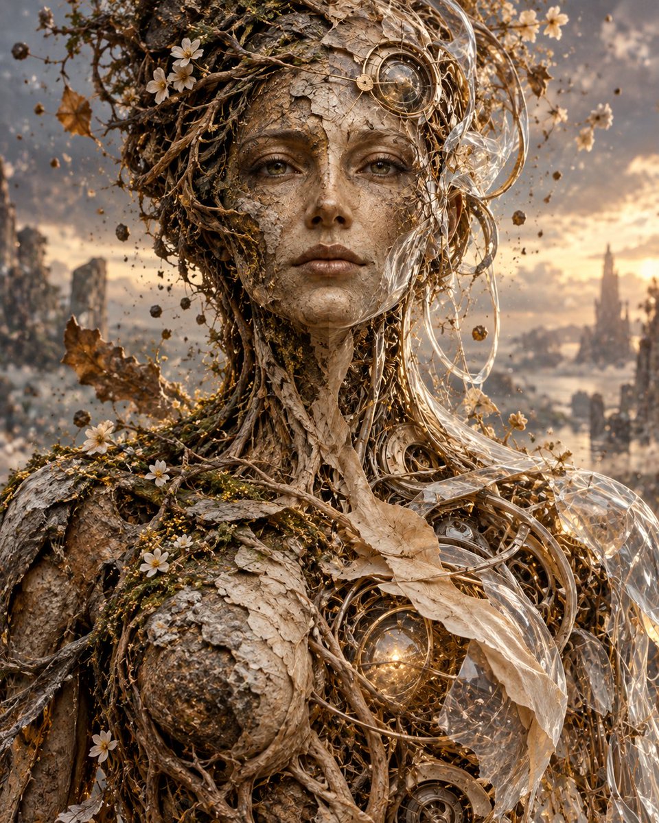 freesoulz75's tweet photo. Prompt share:
Generate image
Create a cinematic fantasy portrait of an adult woman transformed into a living botanical relic, facing forward with a calm, ancient, divine expression. Her face is still human and emotionally readable, with soft realistic lips, expressive hazel-brown eyes, elegant facial structure, and serene eye contact, but her skin is made from cracked bark, dried clay, weathered porcelain, layered pale leaves, moss, roots, earth, and fossilized organic textures.
Her hair and crown are formed from tangled branches, vines, roots, dried leaves, small white blossoms, moss, floating soil fragments, and delicate pieces of ancient debris. Add circular gold mechanical ornaments, clocklike rings, filigree wires, and transparent glass or resin ribbons woven through the branches around her head and shoulders. Her torso and shoulders should look like sacred ecological armor: root-woven anatomy, bark plates, dried flowers, moss patches, translucent leaf-like panels, clear resin curls, gold wirework, circular mechanisms, and a warm glowing amber orb embedded inside the chest.
The surrounding atmosphere is a soft ruined landscape at golden hour, with distant crumbling towers, mist, pale clouds, floating leaves, pollen, small stones, flower petals, and warm sunset light. The color palette should be earthy ivory, bark brown, moss green, muted gold, soft white blossoms, translucent glass highlights, and warm amber glow.
Use photorealistic fantasy realism, highly detailed organic textures, cinematic depth, sacred ecological beauty, elegant ancient ruin atmosphere, delicate floral decay, and living archive energy. Make the image feel like an earth goddess rebuilt from roots, memory, ruined machinery, and the last surviving flowers.
No text, no logo, no watermark, no signature.