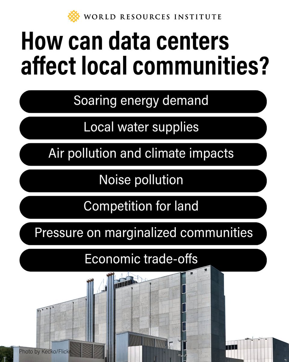 WorldResources's tweet photo. 💬Everyone is talking about data centers. But how exactly do they impact our lives? What can states do to deal with these impacts?

We examined seven ways data center growth is reshaping local conditions in the US: https://t.co/2cov4cTJmL https://t.co/nBr3mhcp1t