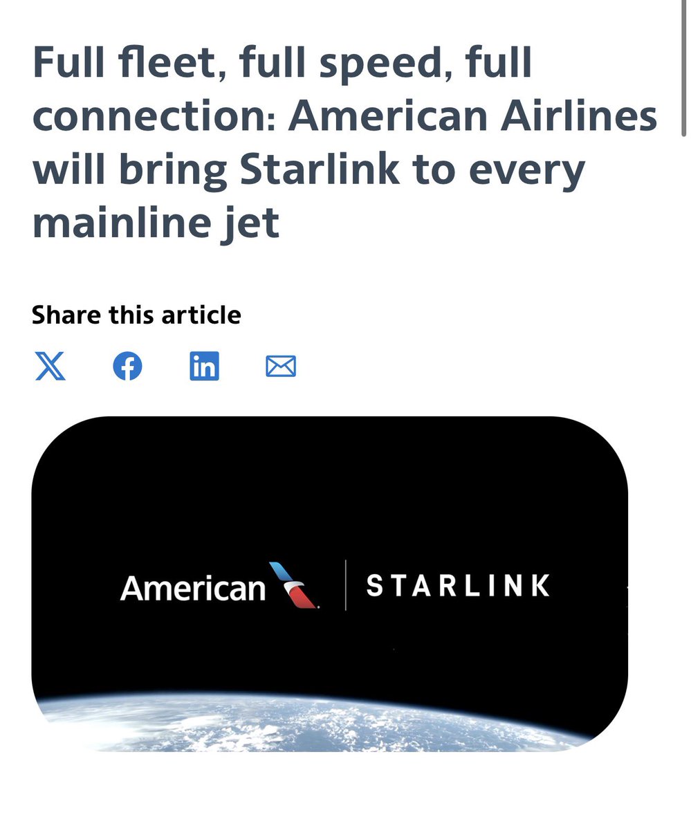 SawyerMerritt's tweet photo. American Airlines has just officially announced that it will be installing SpaceX’s @Starlink across its entire mainland fleet of 1,030+ aircraft, up from the previously announced number of 500.

Installations will begin in early 2027 and use Starlink's Performance Aero Terminal, which can deliver speeds of up to 1 Gbps per terminal.

“Our customers have told us that dependable connectivity can make a meaningful difference in how they spend their time in the air," said American’s Chief Customer Officer Heather Garboden. "Whether they are livestreaming a favorite show, gaming, collaborating in real time on an important work deal, scrolling social media or online shopping, Starlink will give our customers countless options to make the most of their time while traveling. Just as importantly, it provides the foundation for future innovations that will further enhance the customer experience."