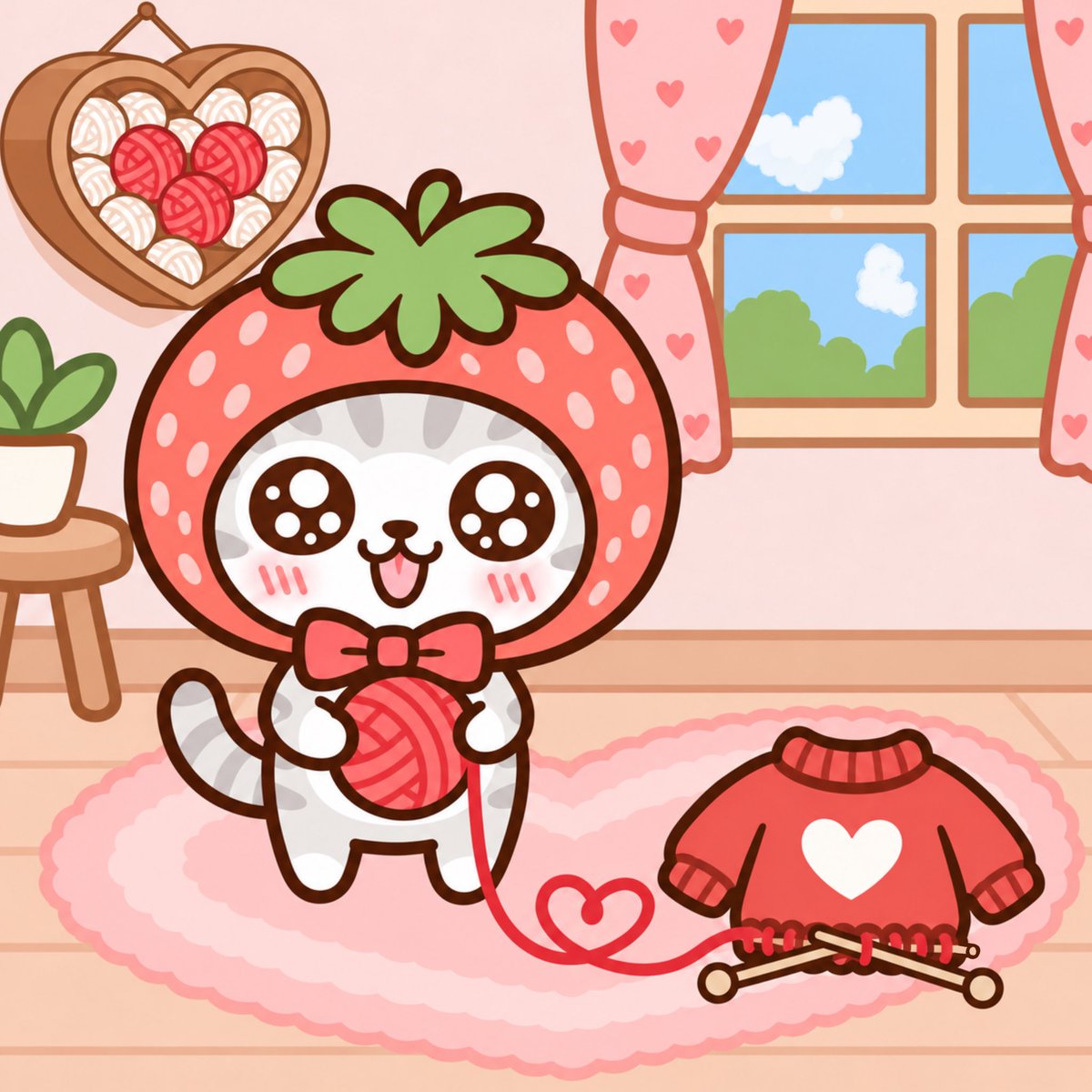 Studio_farfa's tweet photo. こんばんにゃー🌟🍓🐱

最近、段々と肌寒くなって来たから、苺猫はセーターを編んでるにゃ♪🧶

今、ハート入りの画像や動画を投稿すると、
『1投稿につき1人分のワクチンが途上国の子どもたちに贈られる』にゃ！

皆んなで広げよう🫶
ハートアクションの輪❤️
10/9 までにゃ🐱

#猫
#ハートアクション https://t.co/EwFu6kT87A