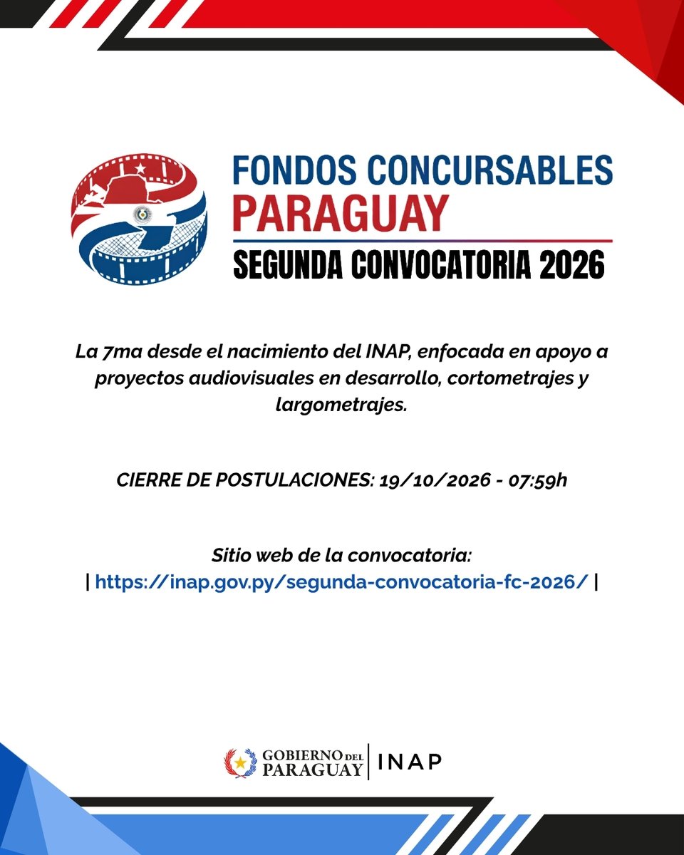 Inap_py's tweet photo. 🗓️🎬 El INAP presenta su calendario de convocatorias activas con las respectivas fechas de cierre de postulaciones.

- MAEF 2026: https://t.co/mzuxVBxHxv
- Fondos Concursables (Segunda Convocatoria 2026): https://t.co/2urZzaAUqO https://t.co/AaCZaexxUw