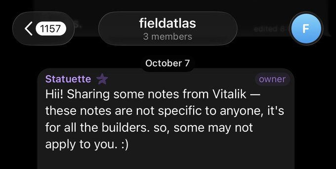A screenshot of a Telegram message in the 'fieldatlas' group, where a user named 'Statuette' shares generic notes from Vitalik for all builders.