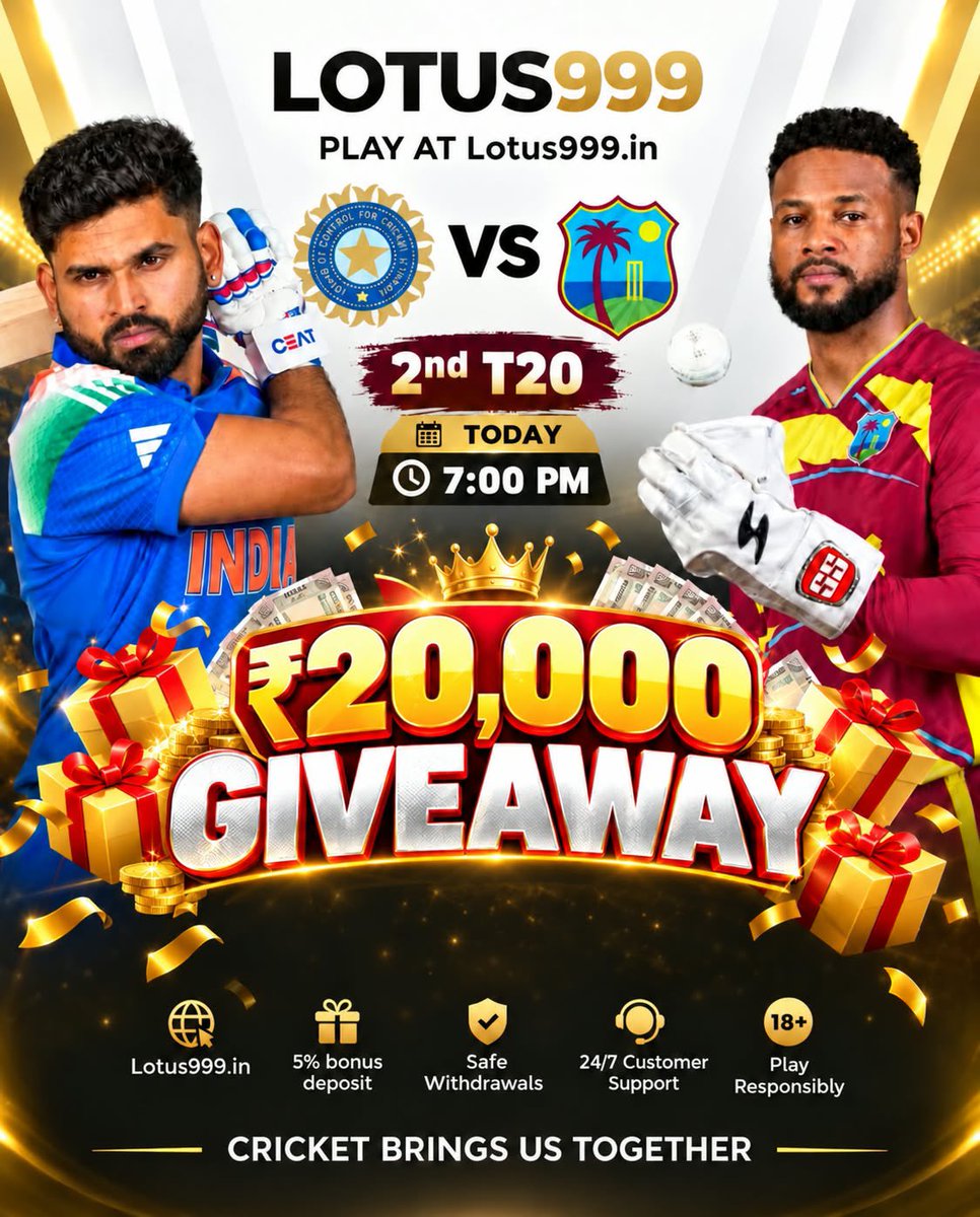 lotus999dotin's tweet photo. 🎉 INDIA 🇮🇳 vs WEST INDIES 🇯🇲 GIVEAWAY 🎉

💰 ₹20,000 PRIZE POOL

❓ Predict -  " The Top Run Scorer of the Match "

✅ Follow @lotus999dotin
✅ Like & Repost
✅ Tag 2 Friends
✅ Must have ID on https://t.co/GEZvFeCmUT

⏳ Entries Close at Toss Time

🔥 Show Your Cricket Knowledge & Win Big!

#Giveaway #Cricket #WinCash #RTToWin

#Indvswi #T20 #CricketNews