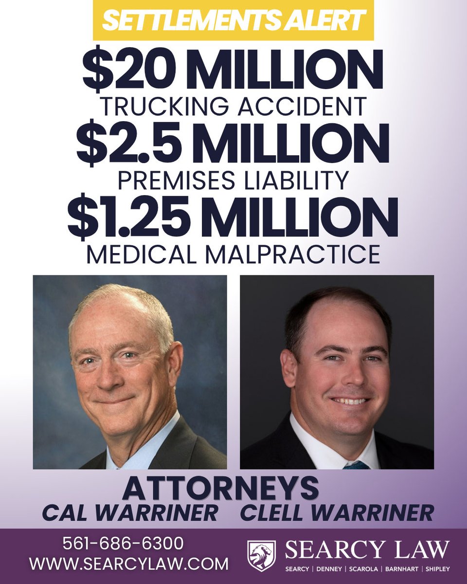SearcyTalk's tweet photo. A strong month for our powerhouse father-and-son team!
Last month, Cal and Clell Warriner secured more than $23 million in settlements, continuing their commitment to fighting for clients and pursuing justice.
Great work, Cal and Clell!
#teamwork #thursdaythoughts https://t.co/IbltgiPk4d