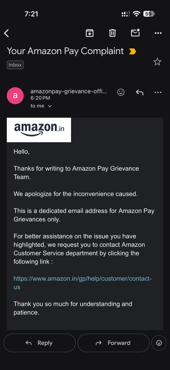 shadesofanmol's tweet photo. [cont.] i have to connect with Level 2 at amazonpay-grievance-officer@amazonpay.in as this these balances come under Amazon Pay. But they are asking me to contact at Level 1. Attaching image of the reply received from Grievance Level 2 Team. https://t.co/U3NvrRcjea
