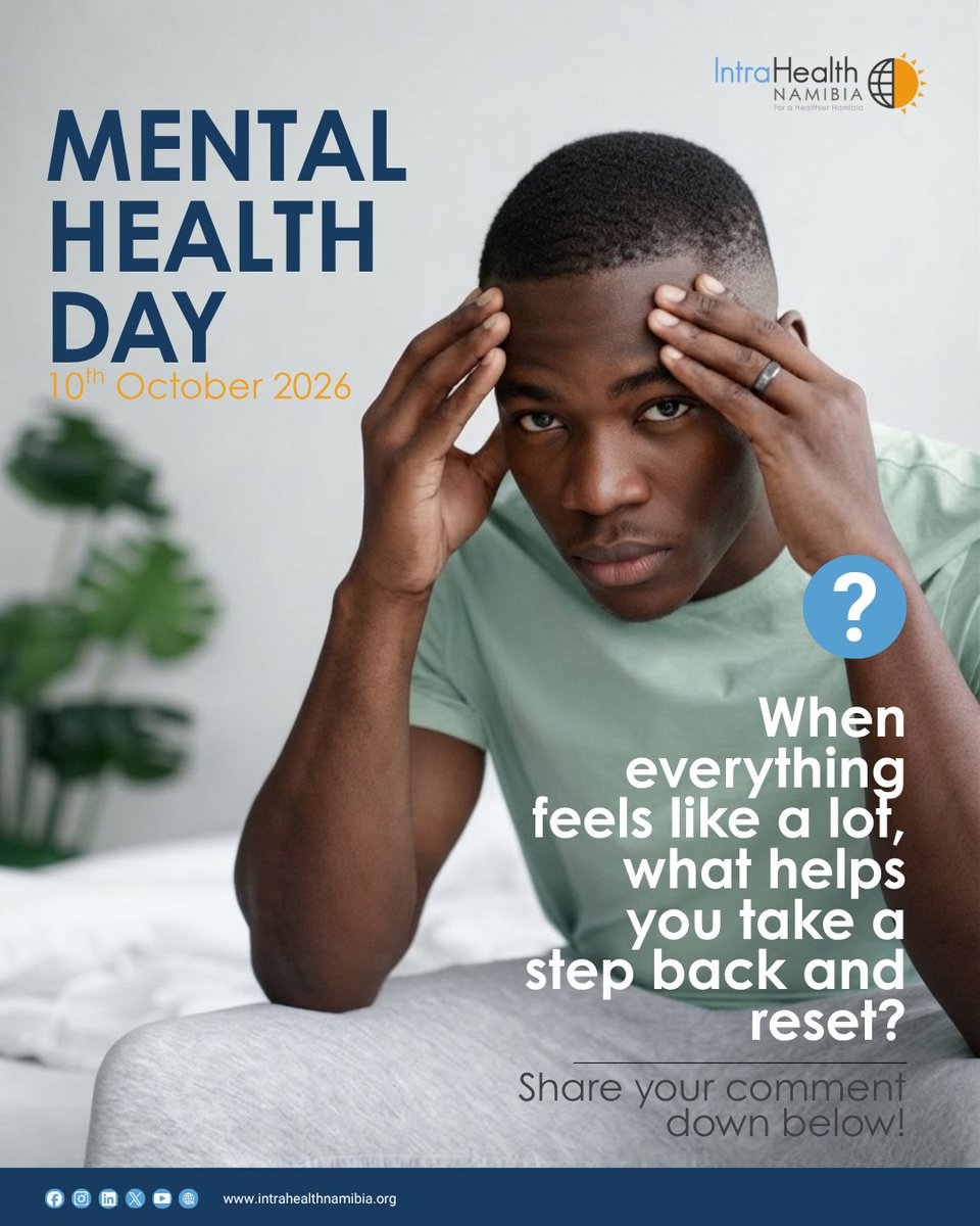IntrahealthNam's tweet photo. Taking a step back is part of taking care of your mental wellbeing.
Start a conversation by commenting ways that help you hit reset when everything feels too much? You never know who may need this information.

#MentalHealthDay #MentalHealthMatters #Namibia #ForAHealthierNamibia https://t.co/cLkgAc5Zh9