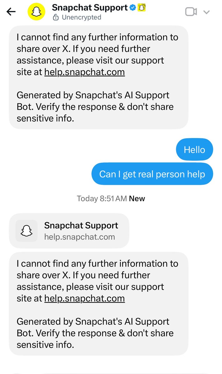 yawalote's tweet photo. @snapchatsupport you ask me to DM but I’m still getting trap with an AI instead of real person https://t.co/yccxd8yKux