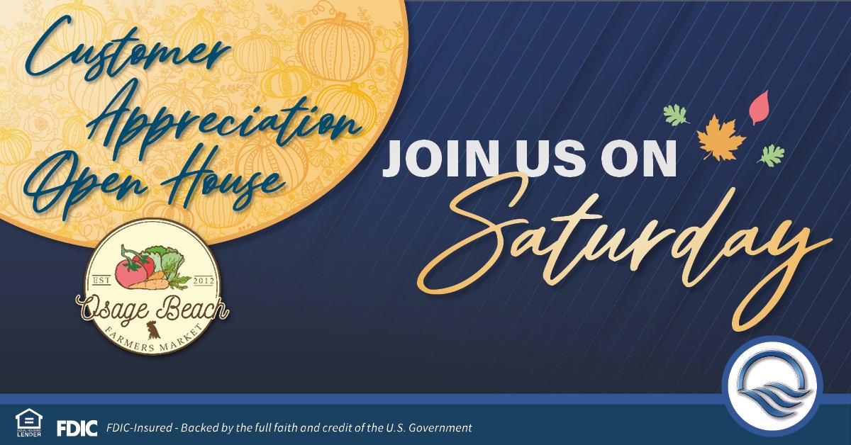 FirstBankLake's tweet photo. 🎉 Join us at First Bank of the Lake for our Customer Appreciation Open House, in partnership with the Fall Festival Farmer’s Market!

📍 4558 Osage Beach Pkwy, Osage Beach, MO, 9:30 AM-12:30PM

✅ Goodie bags for the first 50
✅ Muffins, cookies and other sweet treats
✅ Music & festive atmosphere