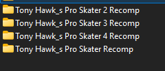 chunrecompgames's tweet photo. Tony Hawks Pro Skater 1-4 PC Port Recompiled Pack.

All files ready to go. https://t.co/zjArFpWxhS