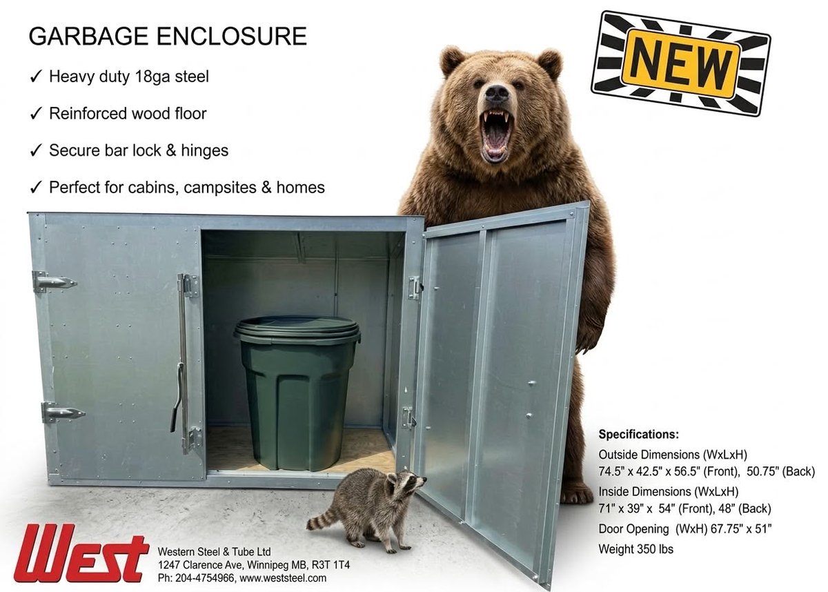 WesternSteelLtd's tweet photo. Tired of bears and other animals making a mess .... our NEW GARBAGE ENCLOSURE will help that problem. Give us a call at 204-475-4966, toll free at 888-335-4507, or visit https://t.co/F98PFLxMx8
#container #steel #garbagestorage #bears #madeincanada https://t.co/hIll34R0B4