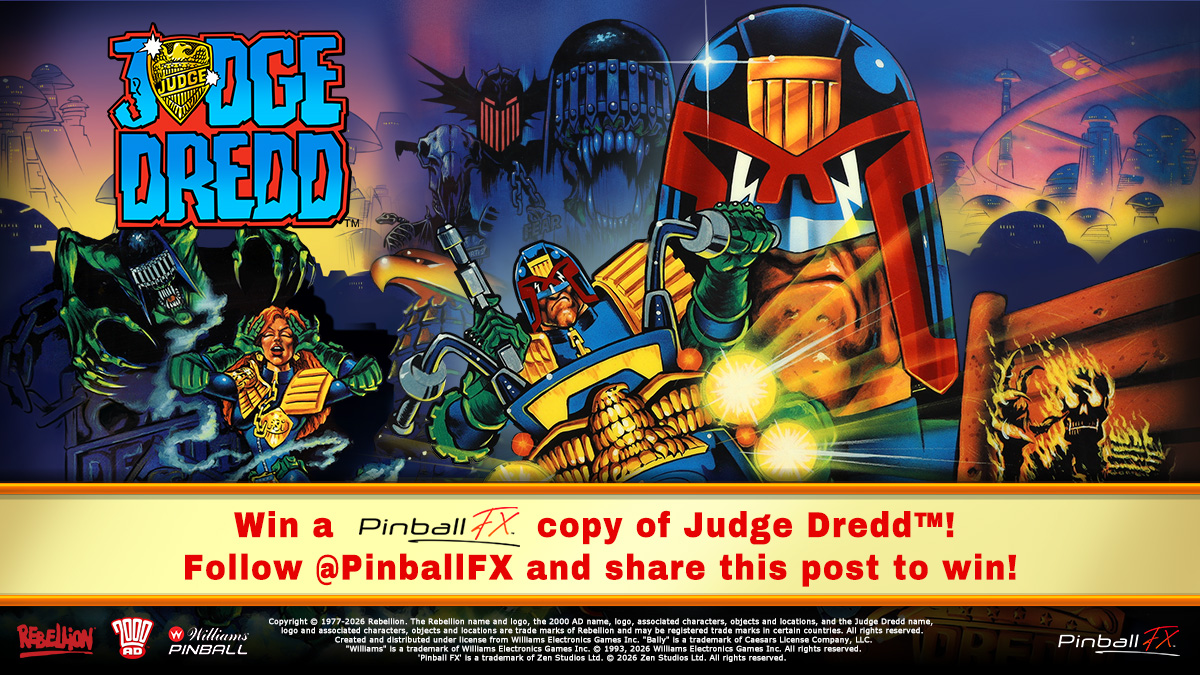 PinballFX's tweet photo. Want to be among the first players to experience Judge Dredd™?💥 

Follow the @PinballFX page and repost this tweet to win one of five game codes on the platform of your choice.

T&amp;C: https://t.co/0ioyKOk8nu https://t.co/RkzY6Imc2H