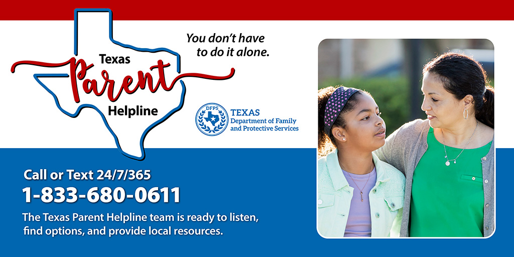 TexasDFPS's tweet photo. Parenting can be tough, but you don’t have to face it alone. The Texas Parent Helpline is here for you—anytime, day or night. Call or text 833-680-0611 for free, confidential support, and resources. https://t.co/U90ybOdkO4 https://t.co/MptG4h02C7