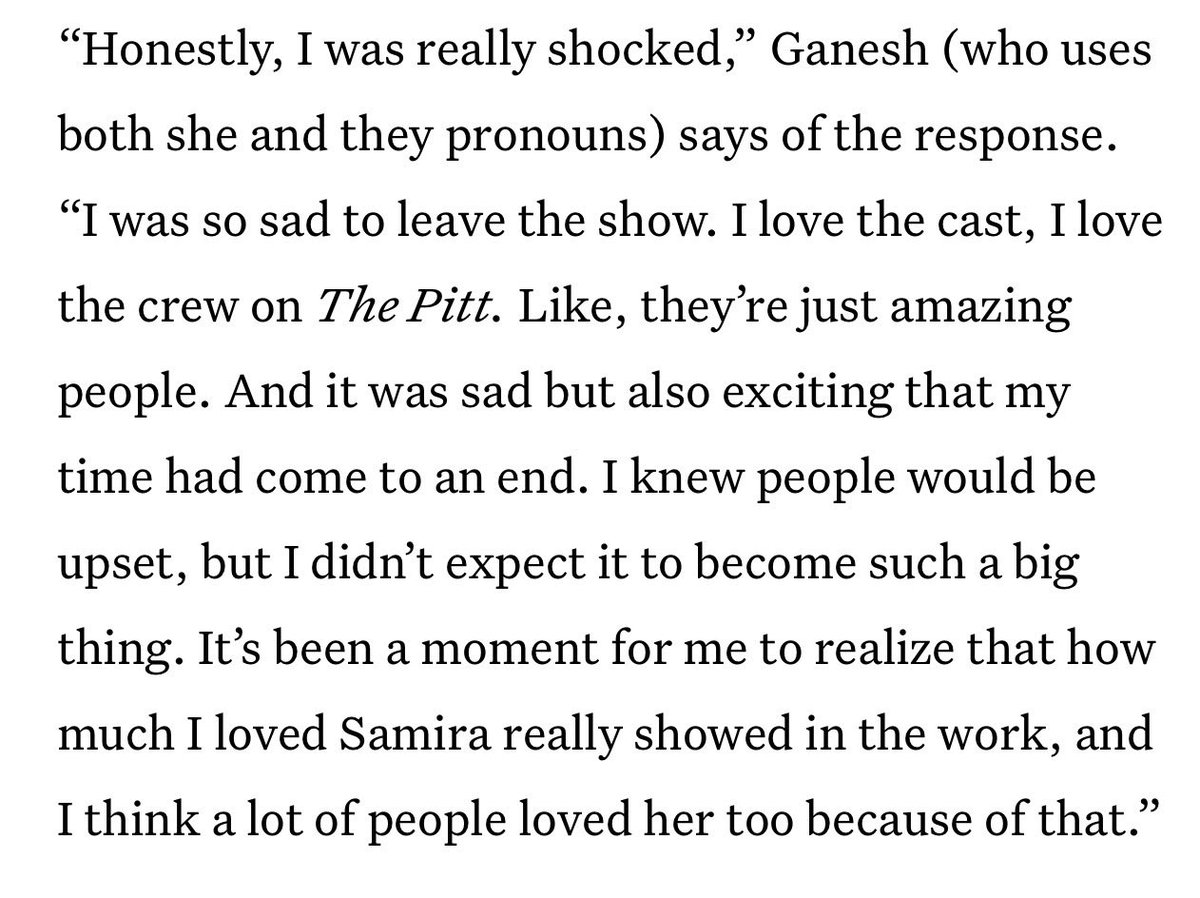 bestofsupriya's tweet photo. Supriya on her exit on #ThePitt:

“Honestly, I was really shocked. I was so sad to leave the show. I love the cast, I love the crew on The Pitt. Like, they’re just amazing people. And it was sad but also exciting that my time had come to an end. I knew people would be upset, but I didn’t expect it to become such a big thing. It’s been a moment for me to realize that how much I loved Samira really showed in the work, and I think a lot of people loved her too because of that.”