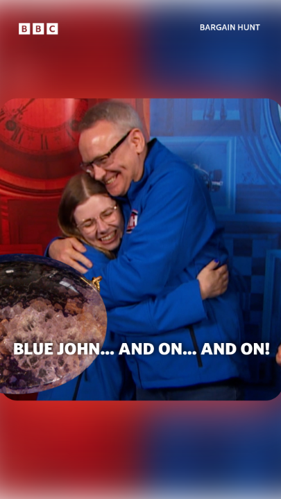 A BBC Bargain Hunt thumbnail showing a man and woman in blue shirts hugging joyfully in front of a clock backdrop, with the caption 'BLUE JOHN... AND ON... AND ON!'