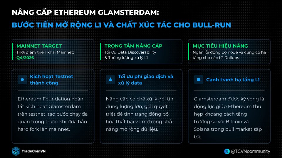 TCVNcommunity's tweet photo. 🔷  Ethereum triển khai thành công bản nâng cấp Glamsterdam trên Testnet

- Nâng cấp Ethereum Glamsterdam đã chính thức được kích hoạt thành công trên mạng thử nghiệm Sepolia với hiệu năng ấn tượng, nâng từ ~ 60 triệu lên đến 200 triệu gas mỗi block.

- Đây là quân bài tẩy quan trọng để giá $ETH theo kịp đà tăng trưởng của $BTC và $SOL trong bullrun sắp tới.

 -Dự kiến, bản nâng cấp Glamsterdam sẽ lên Ethereum Mainnet ngay trong Q4 năm nay.

ℹ️ Nội dung chỉ nhằm cung cấp thông tin, không phải lời khuyên đầu tư hay quảng cáo.