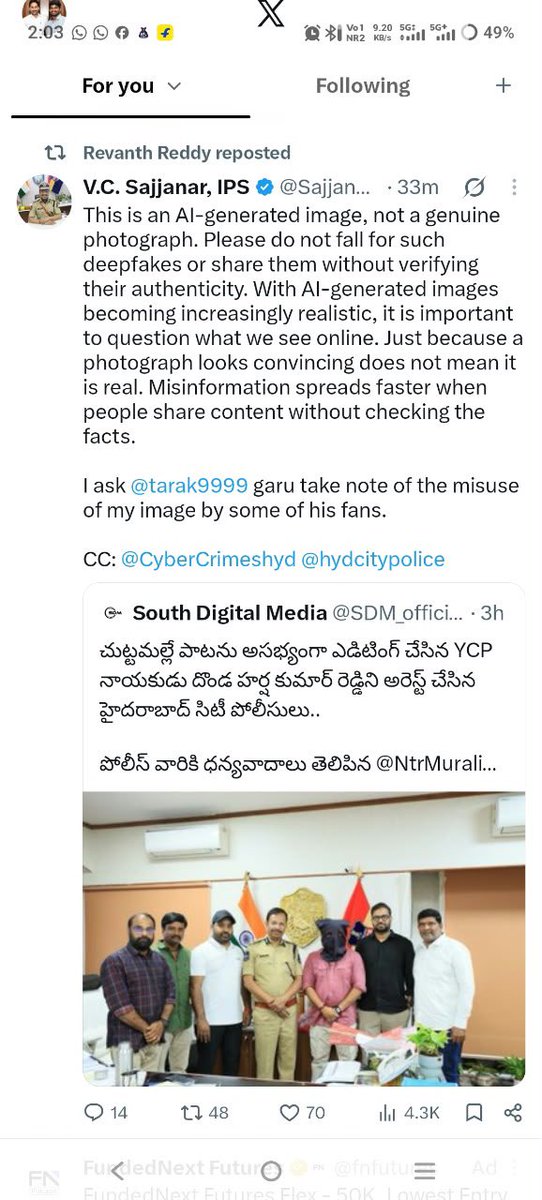 ChalapathiYsj's tweet photo. ఇందుకు కదా టీడీపీ ని ఫేక్ ఫ్యాక్ట‌రీ పార్టీ అనేది....

మిమ్మల్ని ప‌చ్చ ఉగ్ర‌వాదులు అనేది కూడా ఇందుకే.

జూ.ఎన్టీఆర్ అస‌భ్య‌క‌ర ఏఐ వీడియోలపై కంప్ల‌యింట్ చేసిన వారి ఫొటోలు ఎడిట్ చేసి @SDM_official1 అనే ఫేక్ అకౌంట్‌తో ట్వీట్ చేసిన క‌నిగిరికి చెందిన‌ టీడీపీ కార్య‌క‌ర్త‌ శ్రీ‌నివాసులు రెడ్డి.

ఆ నేరాన్ని వైయ‌స్సార్ సీపీపైకి నెట్టేందుకు ఫేక్ ఎడిటింగ్‌లు చేసి దొరికిపోయిన టీడీపీ కార్య‌క‌ర్త‌.

IPS  స‌జ్జ‌నార్ గారి ట్వీట్‌తో టీడీపీ ఫేక్ ఫ్యాక్ట‌రీ భాగోతం మ‌రోసారి బ‌ట్ట‌బ‌య‌లు.

మీ ఫొటోనే ఎడిట్ చేసిన టీడీపీ కార్య‌క‌ర్త‌పై చ‌ర్య‌లు తీసుకోగ‌ల‌రా లేదా???
@SajjanarVC_IPS @SajjanarOffice