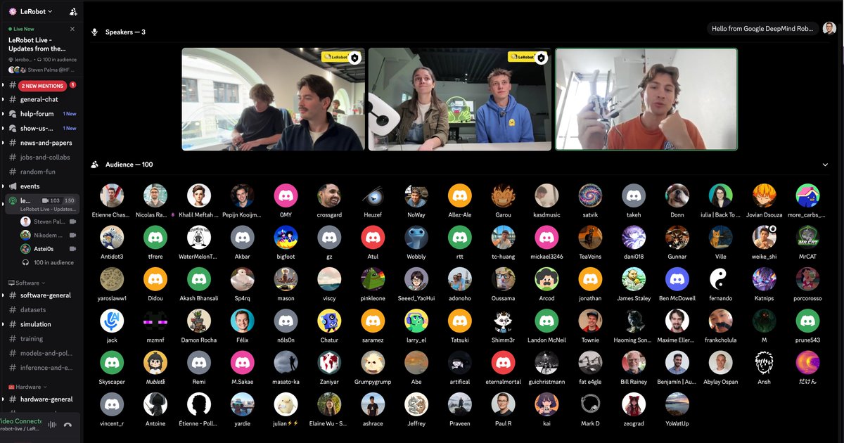 DsouzaJovian's tweet photo. Just watched today’s @LeRobotHF  livestream and there’s a LOT coming 

0.6 brings:
• World models + more VLAs/reward models
• Depth + large-scale language annotations
• LIBERO, RobotTwin, RobotCasa & VLA Bench
• Rollouts + HF Jobs training

And 0.7 looks even more exciting:
• Streaming for massive datasets
• Full Unitree G1 support + whole-body control
• LLM-driven robot control
• Remote inference + in-context learning
• MicroDuck support 

Loved seeing community projects too: especially mobile SO arms, open-source teleoperators, and all the creative robots people are building.

Big thanks to @nikodembartnik @Caro_Nahkriin @NepYope and the LeRobot team for the stream!

https://t.co/FbNIftcDtL