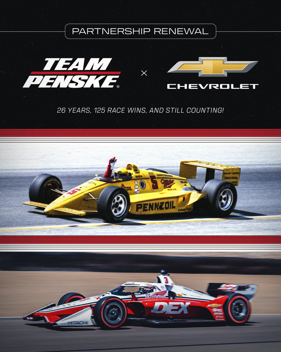 Team_Penske's tweet photo. 26 years and 125 race wins are just the beginning.

Together with @TeamChevy, we're continuing to build a winning legacy in INDYCAR. 

Read more: https://t.co/BmqwgX3fXF https://t.co/C8VOMlcRNt