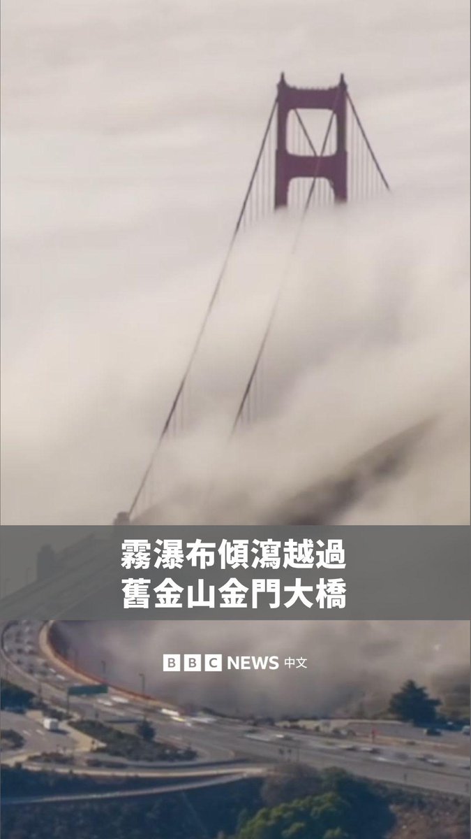 The image shows the Golden Gate Bridge partially obscured by a dramatic cascade of thick fog flowing over its towers, with the headline "霧瀑布傾瀉越過舊金山金門大橋" (Fog waterfall cascades over San Francisco's Golden Gate Bridge) displayed over a BBC News 中文 (Chinese) banner, illustrating the rare meteorological phenomenon described in the accompanying post.