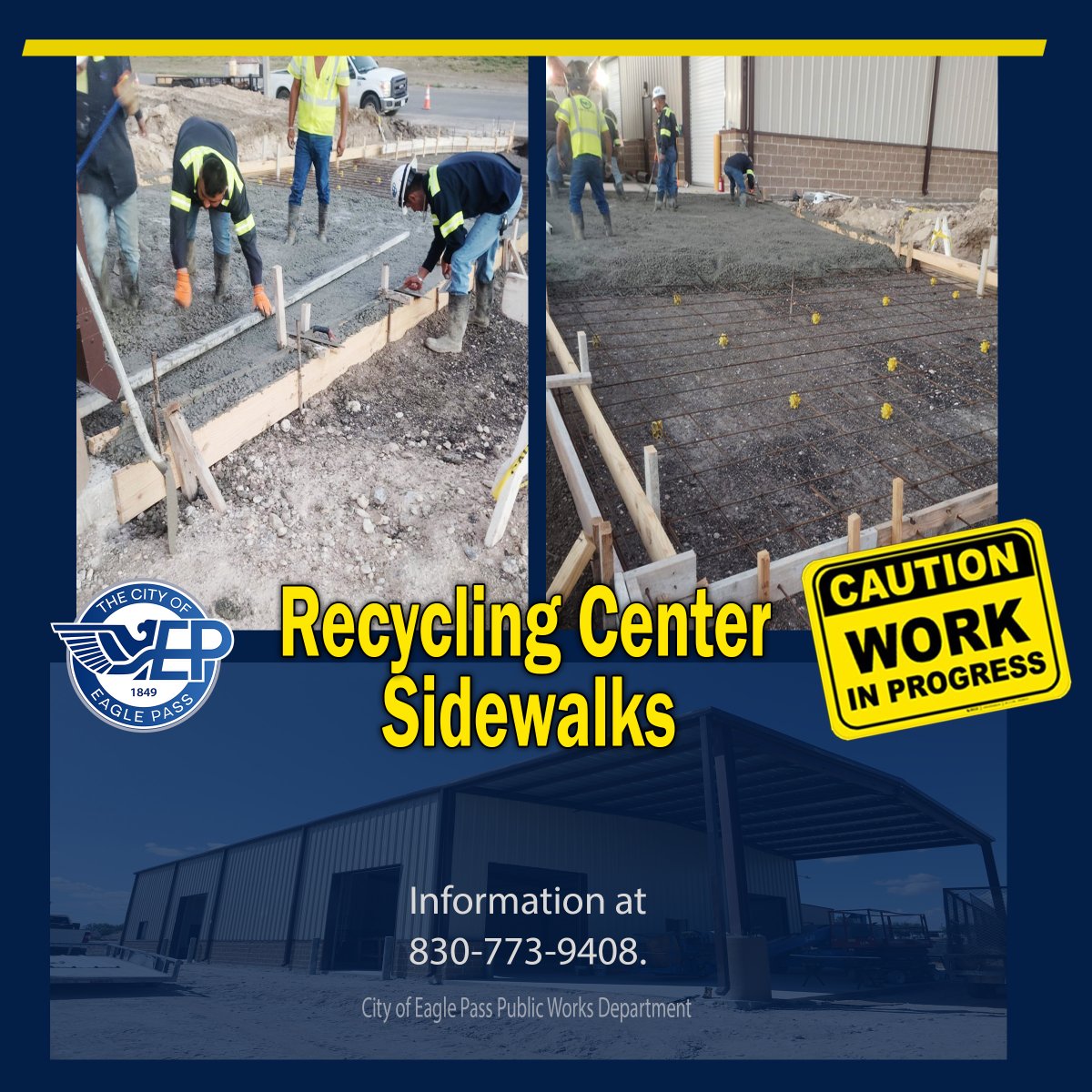 CityEaglePassTx's tweet photo. CAUTION: IMPROVEMENTS IN PROGRESS!
Eagle Pass Public Works Department is hard at work constructing new sidewalks at the Recycling Center! 
We ask all visitors to slow down, stay alert, and use extra caution when entering and exiting the facility.
information: (830) 773-9408 https://t.co/YgSzni9Ddh