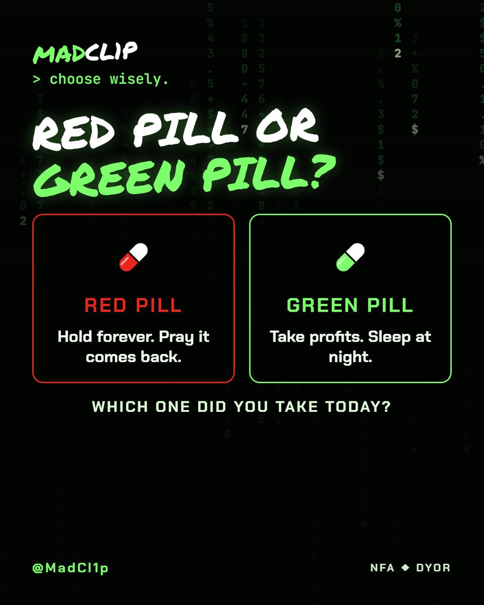 MadCl1p's tweet photo. Be honest. Which one did you take today? 💊
#cryptomemes #memecoins #solana #trenches #degen #tradinglife https://t.co/p5e3kNVueJ