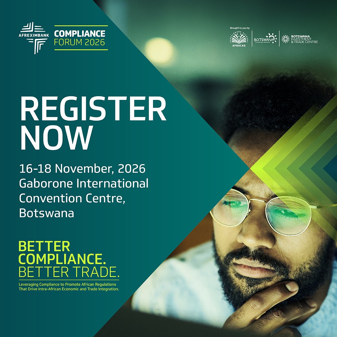 afreximbank's tweet photo. The Afreximbank Compliance Forum 2026 is heading to Gaborone, Botswana!

From 16 to 18 November 2026, Africa's regulatory, financial and trade communities will meet at the Gaborone International Convention Centre to shape how compliance can unlock more intra-African trade.

- USD 1,000 (USD 1,250 incl. Factoring Workshop on Nov 19)

Register now: https://t.co/E14rAHDAAc
#Afreximbank #ATFS2026 #ACF2026 #TradeFinance #Botswana #Gaborone #AfricanTrade #AfCFTA