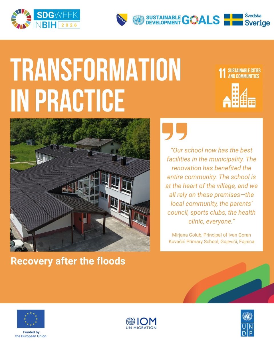 UN_BiH's tweet photo. Ahead of #SDGWeekinBiH (19–23 Oct 2026), Gojevići’s school is a place for learning and community life again after the 2024 floods. Its recovery was funded by the EU and implemented by @UNDPBiH  and @IOMBiH. #TransformationInPractice #SDG11 @UN_BiH https://t.co/Rxfhxeqrkw
