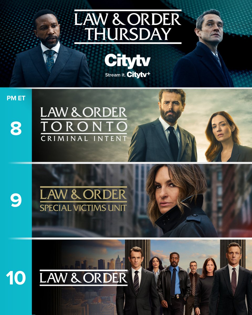 City_tv's tweet photo. Your Thursday nights? Locked and loaded. 🔒

#LawandOrderToronto #CriminalIntent at 8/7c
#LawandOrderSVU at 9/8c
#LawandOrder at 10/9c

#LawandOrderThursdays return TONIGHT on Citytv, or stream on Citytv+ https://t.co/EznZQoCO7T