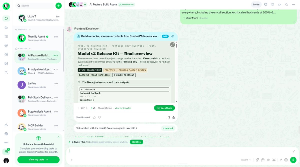cneuralnetwork's tweet photo. What happens when a critical requirement changes halfway through a project shared by five agents and two humans?

I tested it in Teamily AI. It’s a Humans + Agents platform where people and agents work in the same group with shared project context.

I gave five AI agents ownership of an ML release kit and brought a partner into the group. Each agent owned a different part of the work. Halfway through, I changed a critical rollback requirement: after a critical alert, the process must reach verified 100% v1 traffic within 300 seconds.

The agents revised their own sections, and the Frontend Developer agent used Website Builder to bring the changes into one v2 page. My partner reviewed the updated rollback section against the new requirement.
Really cool end-to-end software work!

The kit: https://t.co/Tr0RebfT8c