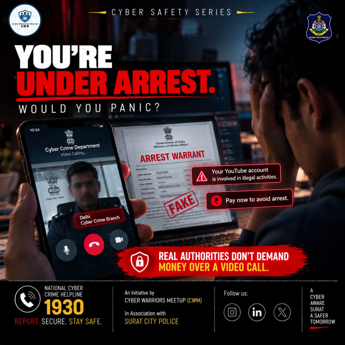 CWMCommunity's tweet photo. Imagine receiving a video call from someone claiming to be from the Cyber Crime Department, showing you a fake arrest warrant and demanding money to “avoid arrest.” https://t.co/8lbaWAnRqr