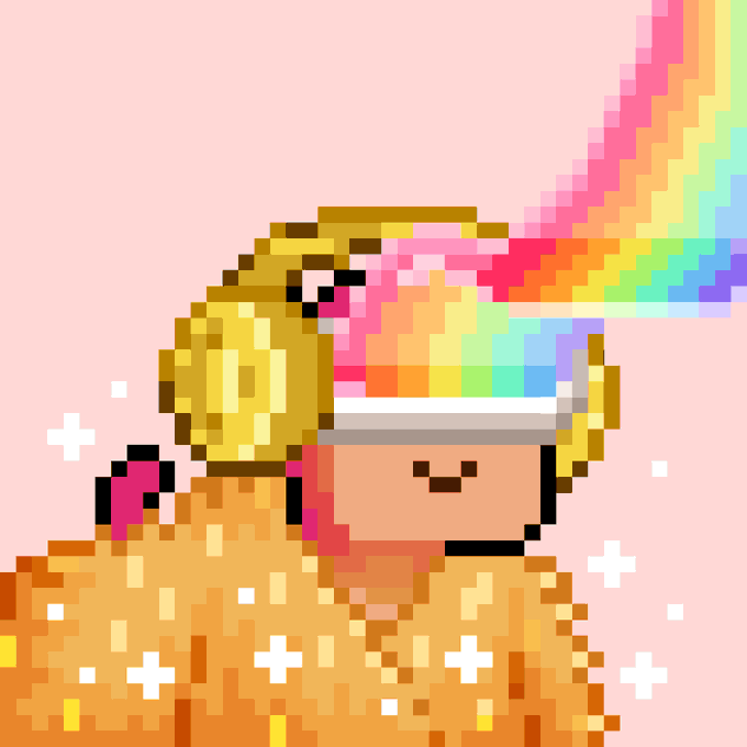 A pixel art illustration of a character dressed as an astronaut or warrior wearing a golden helmet, with a rainbow beam shooting from the visor.