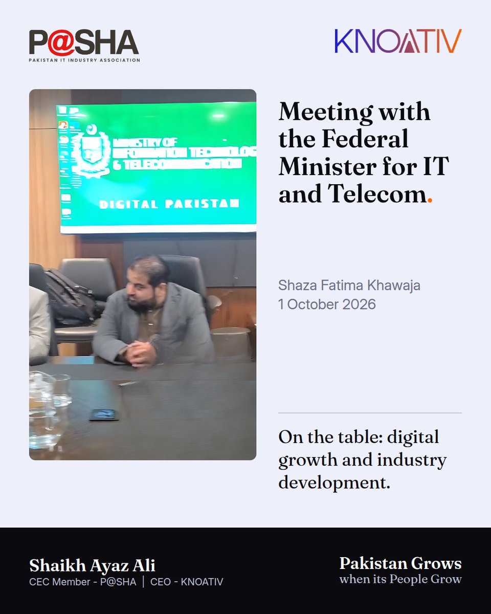 shaikhayazali's tweet photo. On 1 October IT Minister @ShazaFK chaired our meeting at the Ministry of IT and Telecom.

On the table: digital growth and industry development.

If you run a technology company in Pakistan: what is the 1 thing that would help you grow this year?

@MoitOfficial @PASHAORG https://t.co/XWOVj8ght9