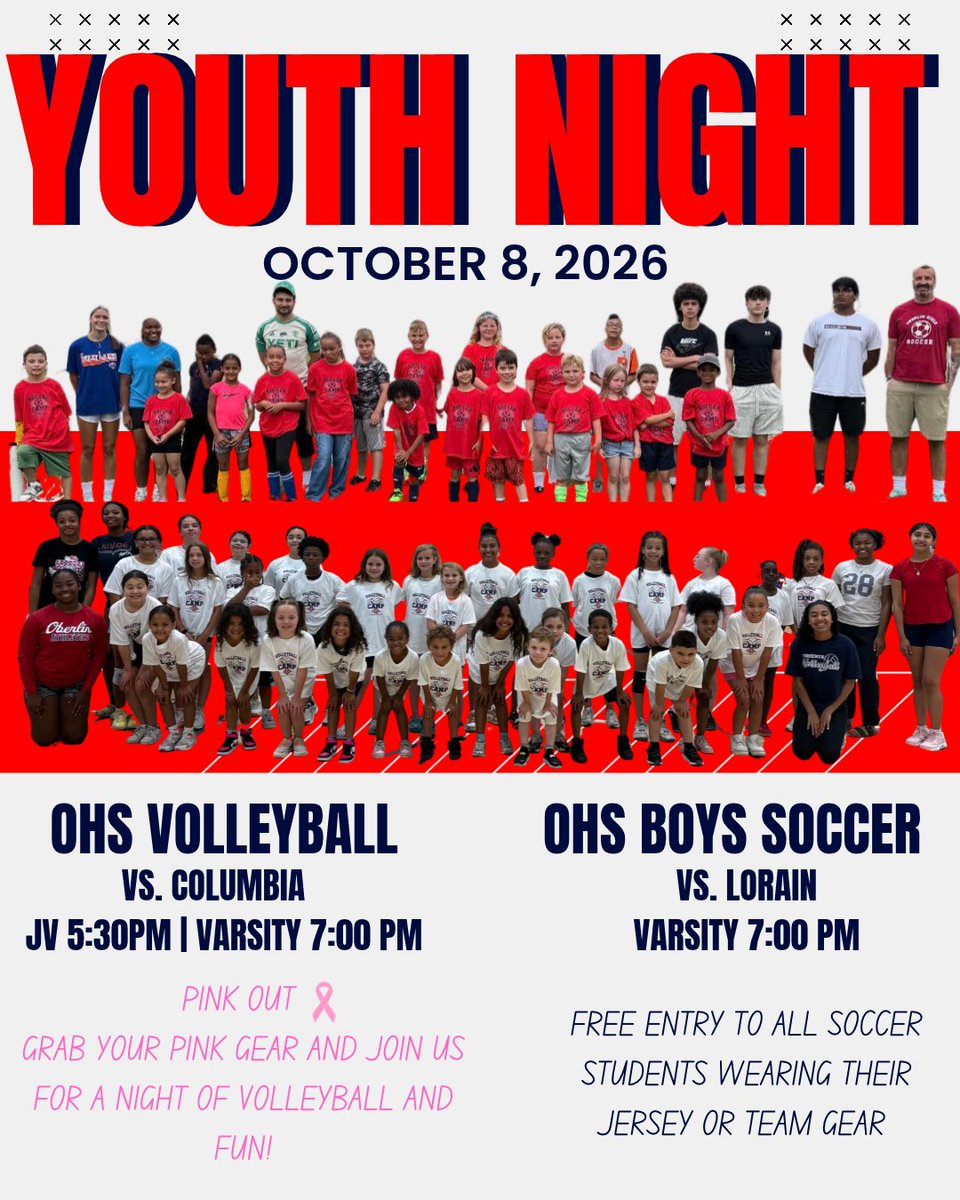 OBPhoenix's tweet photo. YOUTH NIGHT HAS ARRIVED! 🎉

OHS BOYS SOCCER ⚽
Varsity 5:00 PM
FREE ENTRY for soccer students wearing their jersey or team gear!

OHS VOLLEYBALL 💗 PINK OUT!
Grab your pink gear and join us!
JV 5:30 PM | Varsity 7:00 PM https://t.co/GcbCm5t4yG