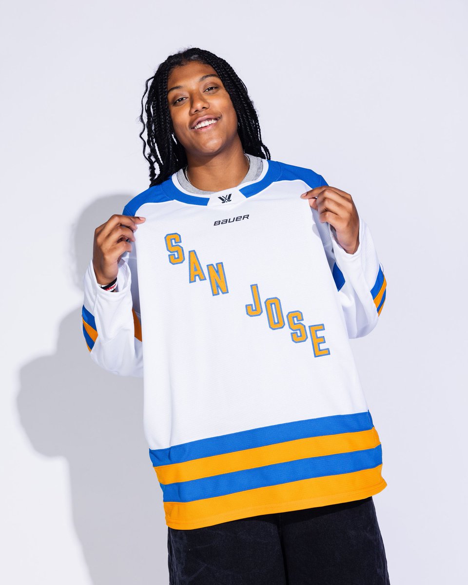 carolinefenyo's tweet photo. Laila Edwards repping the inaugural PWHL San Jose jerseys https://t.co/gvMW3IpdaT