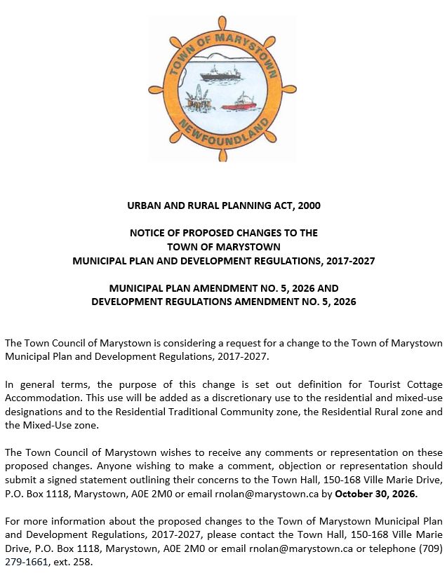 TownofMarystown's tweet photo. Notice of Public Input
MUNICIPAL PLAN AMENDMENT NO. 5, 2026 AND
DEVELOPMENT REGULATIONS AMENDMENT NO. 5, 2026 https://t.co/qnduHyZbzz