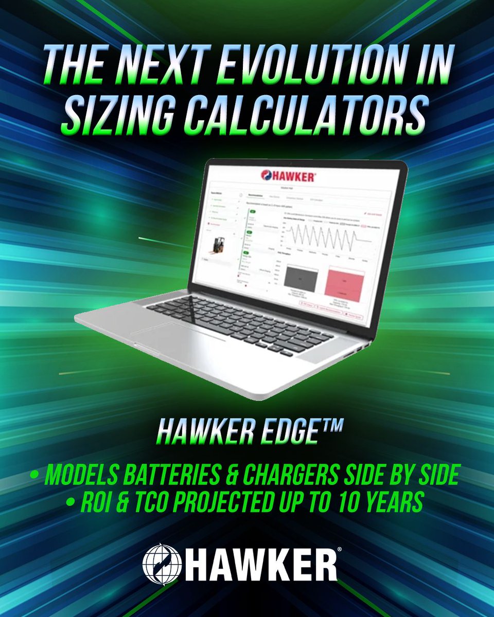 HPowersource's tweet photo. Choosing the right battery and charger combination involves more variables than most budgets account for. HAWKER EDGE™ models it out, projecting ROI and TCO up to 10 years. 

🌐 https://t.co/O3aYbOxSDL https://t.co/8JeTCyLdZu