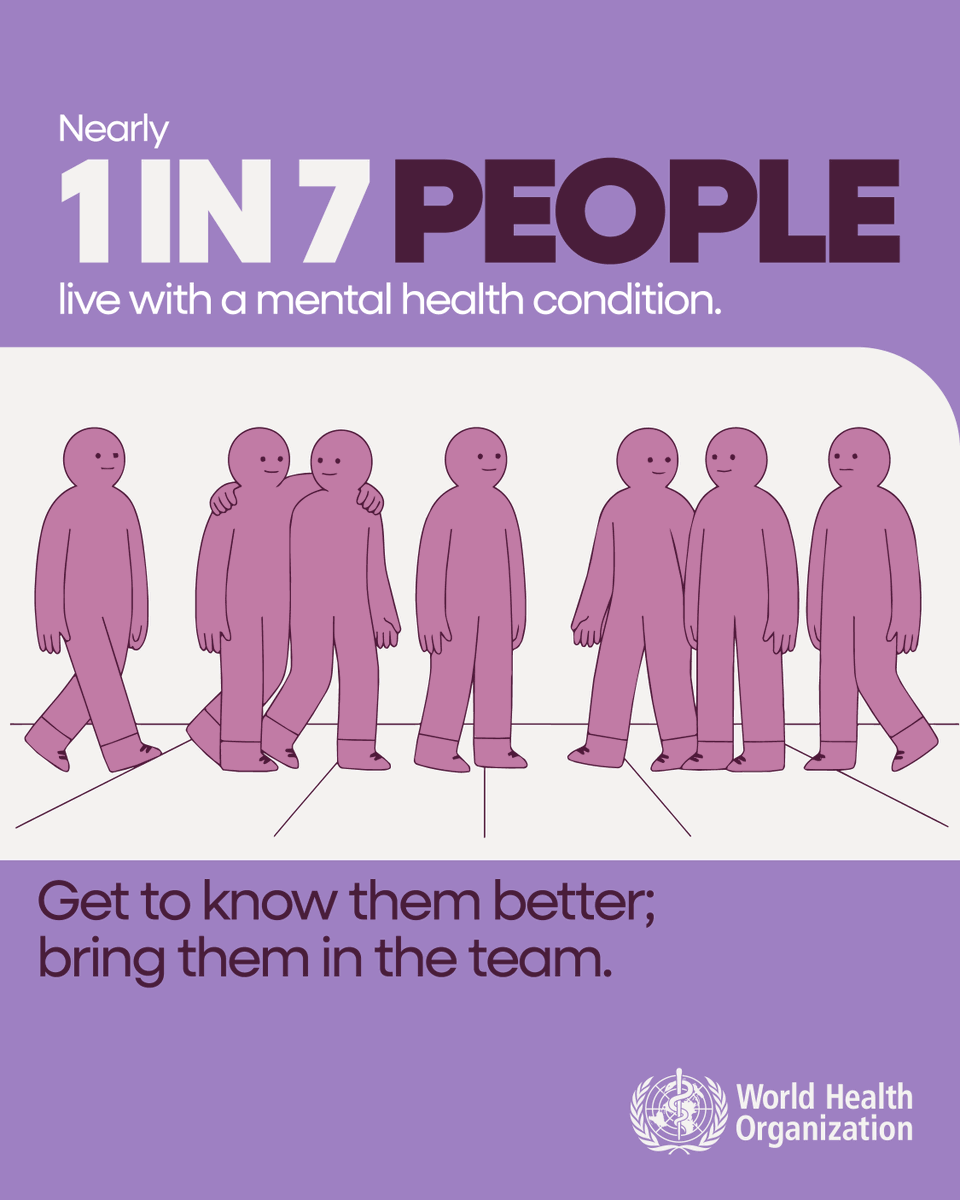 WHOUganda's tweet photo. Nearly 1 in 7 people live with a mental health condition.

Behind every statistic is a colleague, a friend, a neighbour or a family member. Creating supportive, inclusive environments starts with understanding, listening and ensuring that no one feels left out.

This #WorldMentalHealthDay, remember that Mental health matters. Inclusion matters. People matter.

 #MentalHealthMatters #HealthForAll