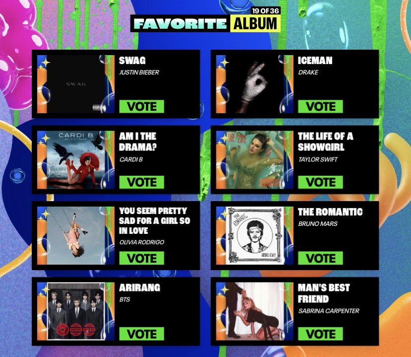 btschartmaster's tweet photo. .@BTS_twt has been nominated at the 2026 Nickelodeon Kids' Choice Awards.

Favorite Album : 'ARIRANG'
Favorite Song : "SWIM"
Favorite Music Group/Duo : BTS

🗳️ https://t.co/svGO6I91tK https://t.co/RMXgslHnXV