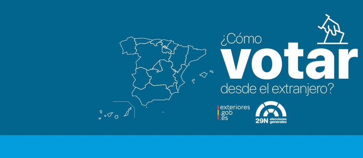 MAECgob's tweet photo. 🗳️ El 6 de octubre se ha publicado la convocatoria para las #EleccionesGenerales del 29 de noviembre #29N.

ℹ️ Si vives o vas a estar fuera de #España, infórmate sobre los procedimientos para votar desde el extranjero.

➡️ https://t.co/BXtG4zuNj1

#VotoExterior #Elecciones https://t.co/xw1By9eV5L