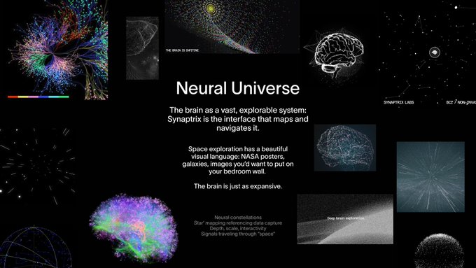 A black mood board centers the white title “Neural Universe” above copy linking synaptic mapping to space exploration, surrounded by vivid, galaxy-like neural network visualizations and dark technical brain and starfield imagery. It reinforces Synaptrix’s brand idea of treating brain exploration with the same ambition and visual beauty as NASA space missions.